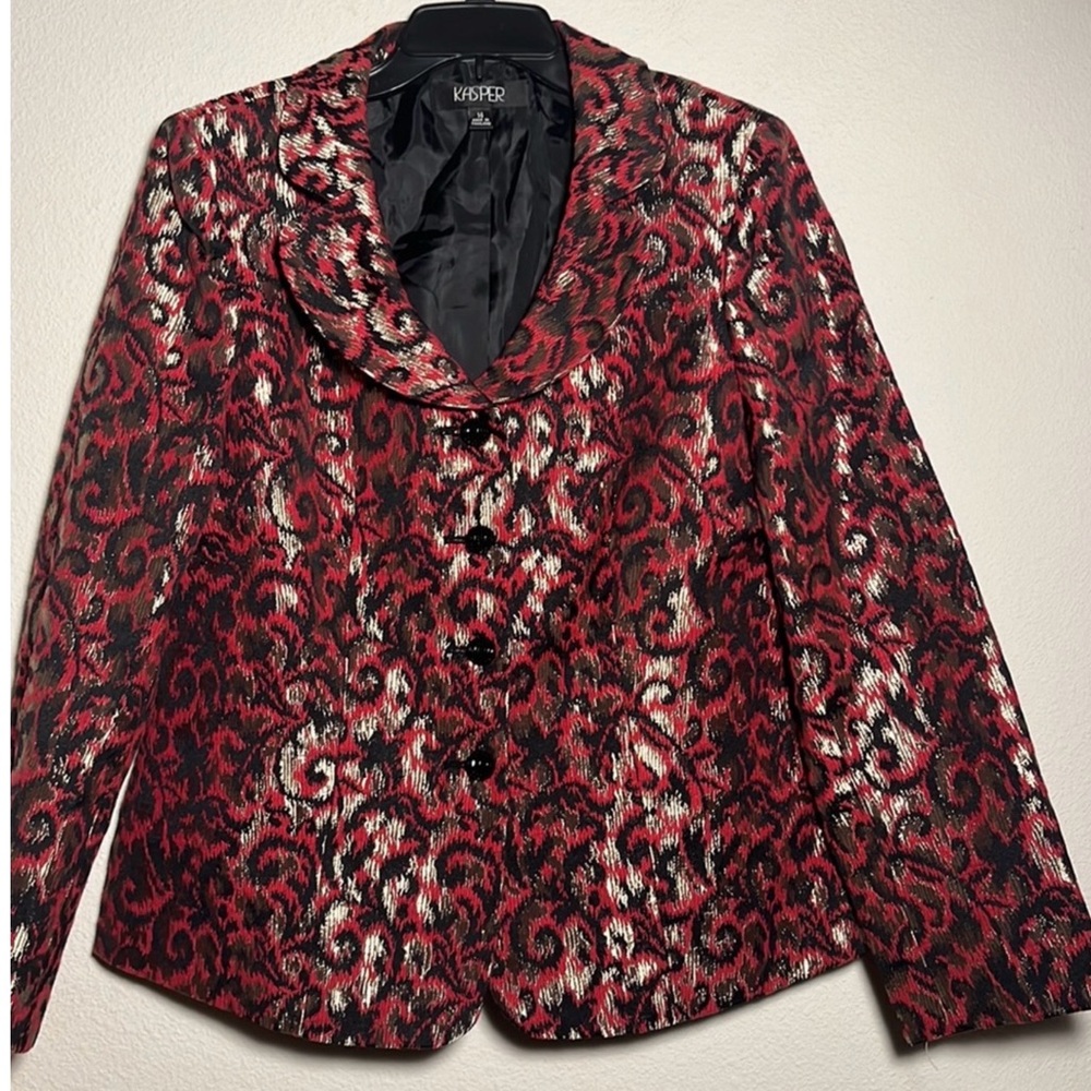 Kasper Red~Black~Gold Jacquard Patterned Blazer Size 14